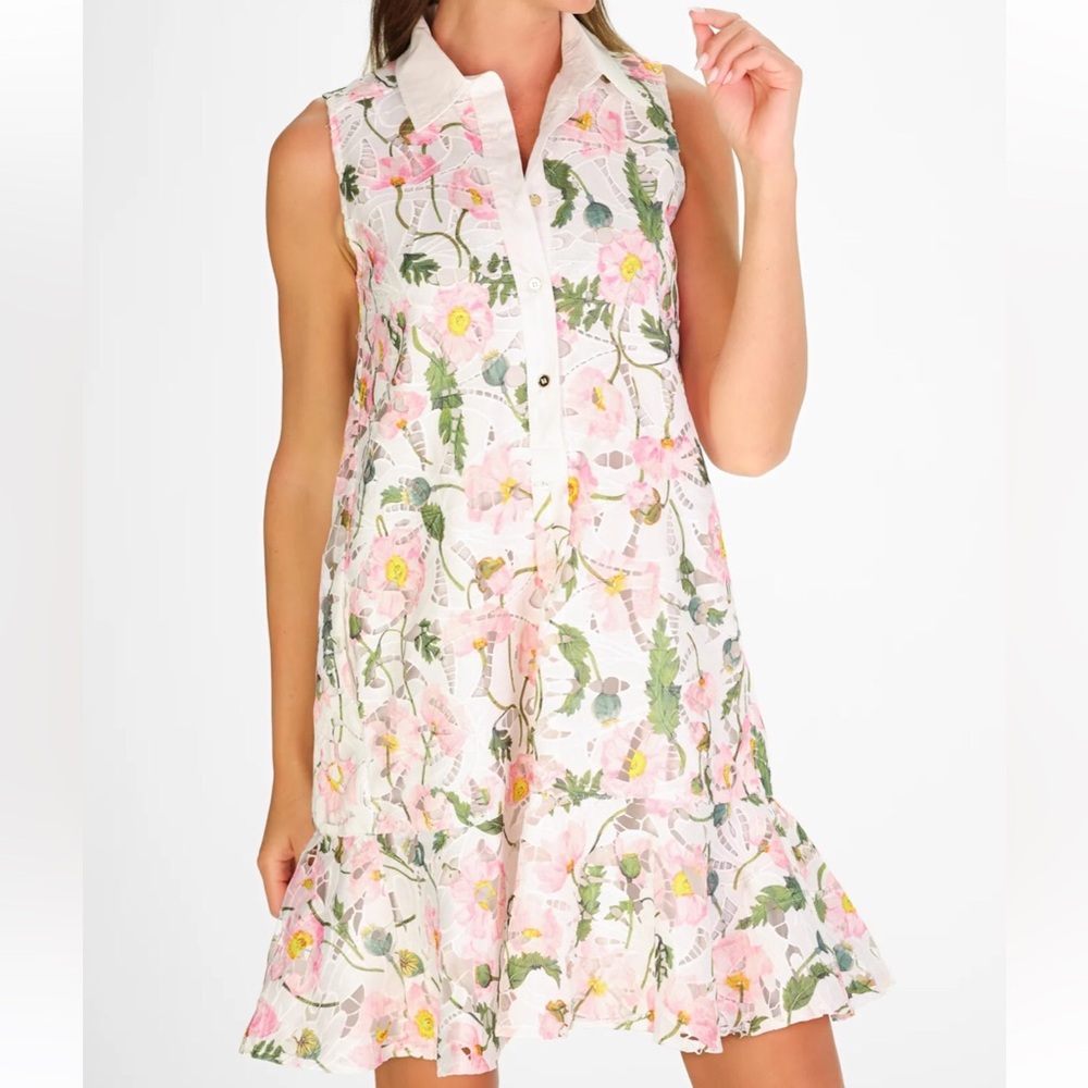 NWT $296 Duffield Lane M Sleeveless Iris Dress Floral Lace Cut Out Collar Button